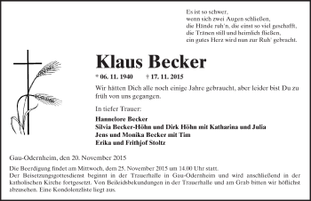 Traueranzeige von Klaus Becker von  Allgemeine Zeitung Alzey
