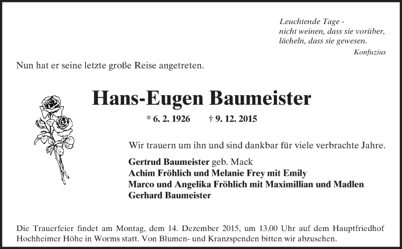  Traueranzeige für Hans-Eugen Baumeister vom 12.12.2015 aus  Wormser Zeitung