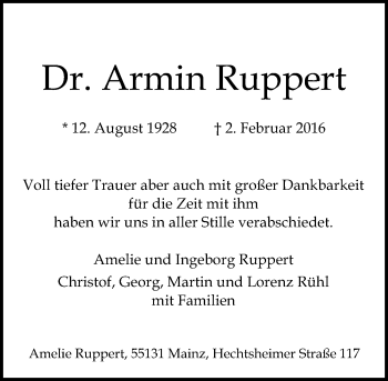 Traueranzeige von Armin Ruppert von  Allgemeine Zeitung Mainz