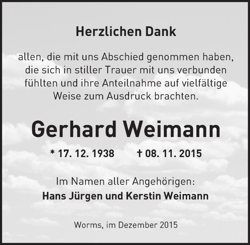 Traueranzeige für Gerhard Weimann vom 05.12.2015 aus  Wormser Zeitung