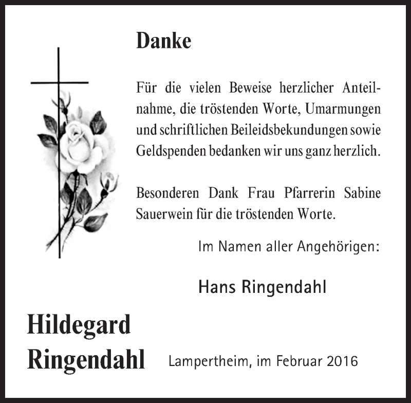  Traueranzeige für Hildegard Ringendahl vom 02.02.2016 aus  Bürstädter Zeitung
