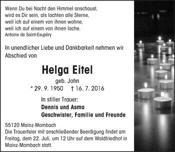 Traueranzeige von Helga Eitel von Trauerportal Rhein Main Presse