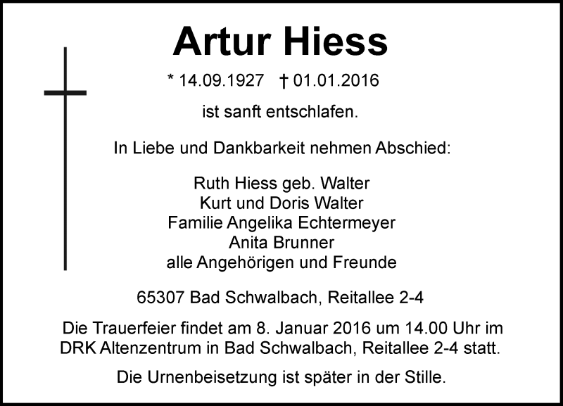  Traueranzeige für Artur Hiess vom 06.01.2016 aus  WK-UTA/Aar-Bote