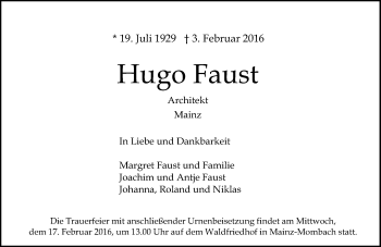 Traueranzeige von Hugo Faust von  Allgemeine Zeitung Mainz