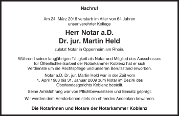 Traueranzeige von Martin Held von  Landskrone