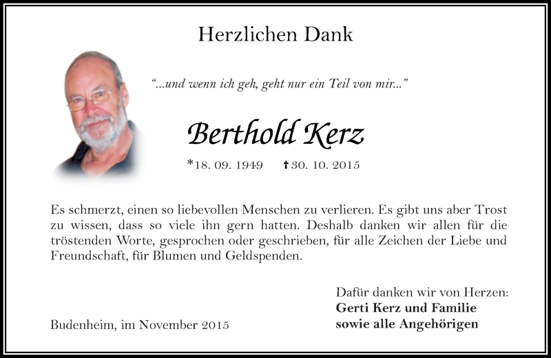  Traueranzeige für Berthold Kerz vom 21.11.2015 aus  Allgemeine Zeitung Mainz