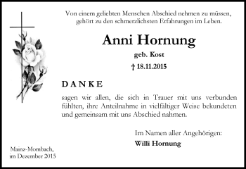 Traueranzeige von Anni Hornung von  Allgemeine Zeitung Mainz