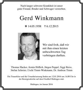Traueranzeige von Gerd Winkmann von  Kreisanzeiger