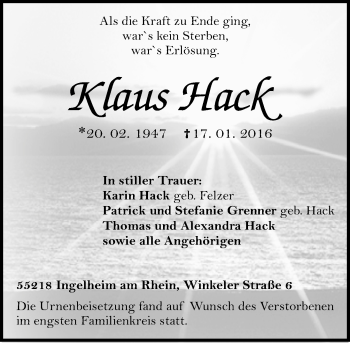 Traueranzeige von Klaus Hack von  Allgemeine  Zeitung Ingelheim-Bingen