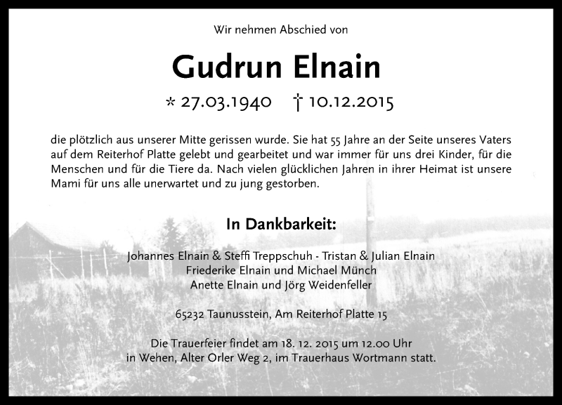  Traueranzeige für Gudrun Elnain vom 15.12.2015 aus  WK-UTA/Aar-Bote