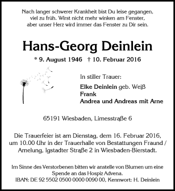 Traueranzeige von Hans-Georg Deinlein von  Wiesbaden komplett