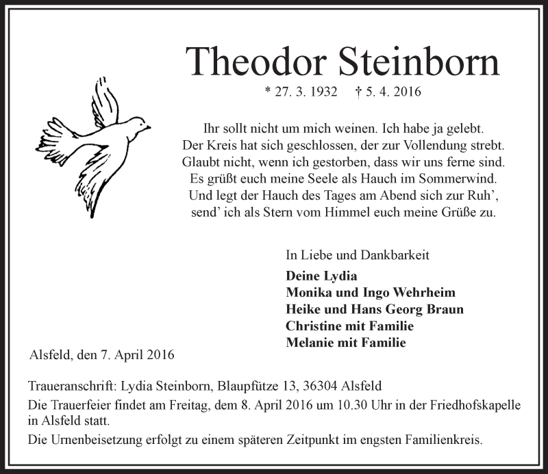  Traueranzeige für Theodor Steinborn vom 07.04.2016 aus VRM Trauer