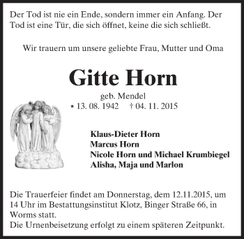 Traueranzeige von Gitte Horn von  Wormser Zeitung