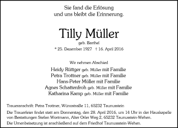 Traueranzeige von Tilly Müller von  Wiesbaden komplett