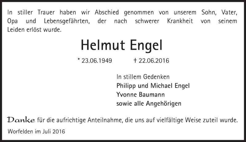  Traueranzeige für Helmut Engel vom 09.07.2016 aus Trauerportal Echo Online