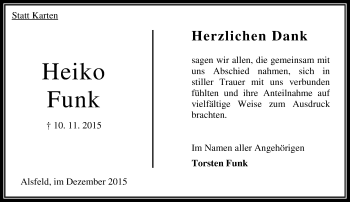 Traueranzeige von Heiko Funk von VRM Trauer