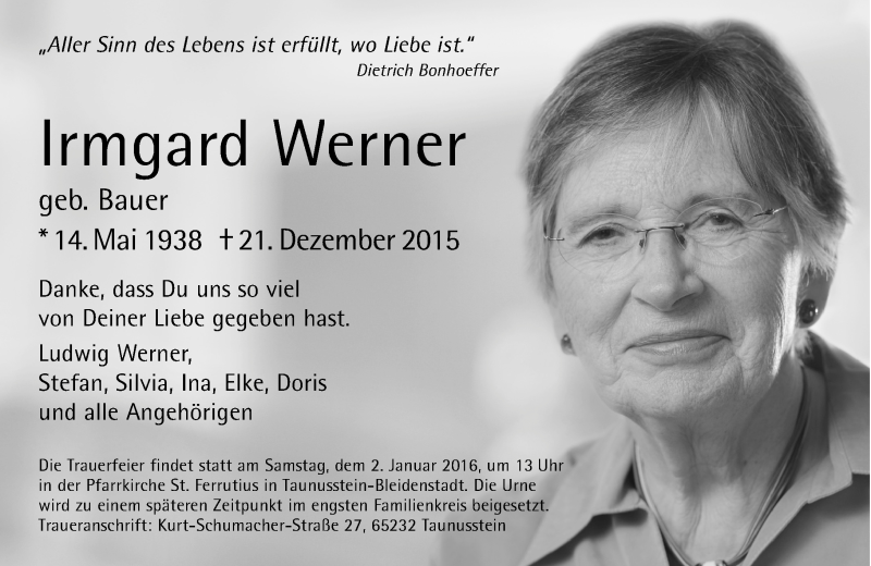  Traueranzeige für Irmgard Werner vom 29.12.2015 aus  WK-UTA/Aar-Bote