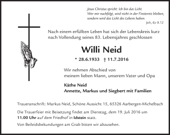 Traueranzeige von Willi Neid von Trauerportal Rhein Main Presse