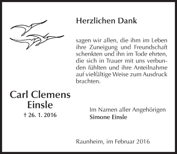 Traueranzeige von Carl Clemens Einsle von  Mainspitze