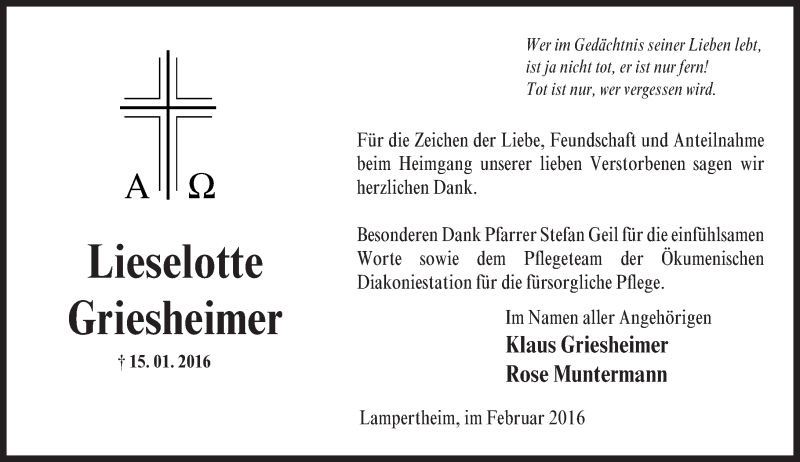  Traueranzeige für Lieselotte Griesheimer vom 06.02.2016 aus  Bürstädter Zeitung