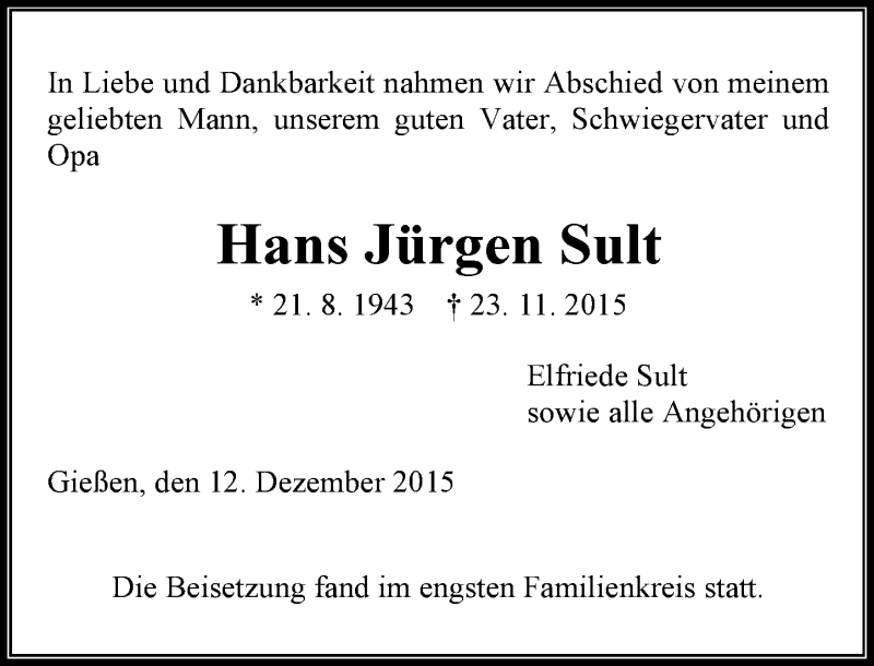  Traueranzeige für Hans Jürgen Sult vom 12.12.2015 aus  Gießener Anzeiger