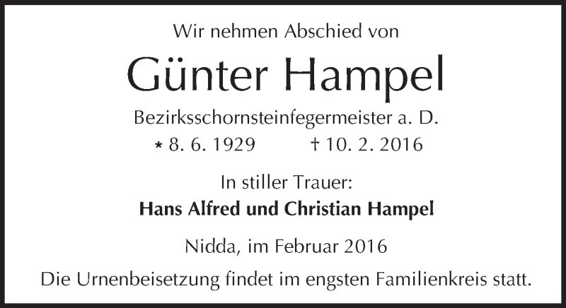  Traueranzeige für Günter Hampel vom 13.02.2016 aus  Kreisanzeiger
