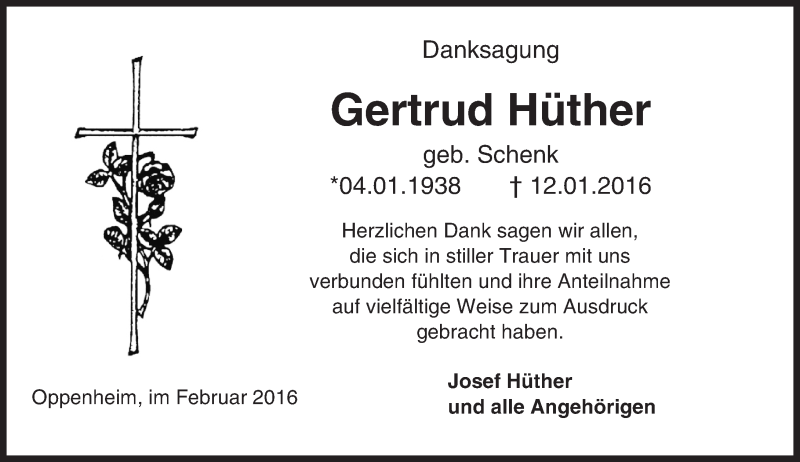  Traueranzeige für Gertrud Hüther vom 20.02.2016 aus  Landskrone
