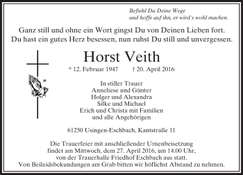 Traueranzeige von Horst Veith von  Usinger Anzeiger