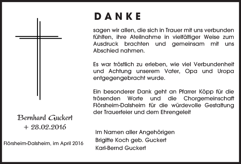  Traueranzeige für Bernhard Guckert vom 02.04.2016 aus  Wormser Zeitung