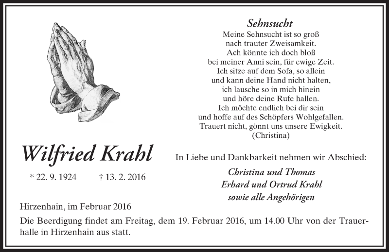  Traueranzeige für Wilfried Krahl vom 17.02.2016 aus  Kreisanzeiger