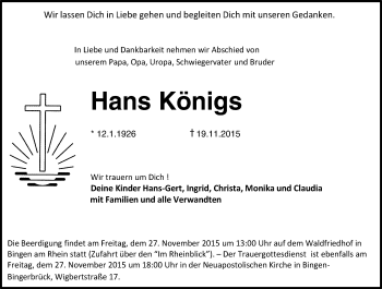 Traueranzeige von Hans Königs von  Allgemeine  Zeitung Ingelheim-Bingen