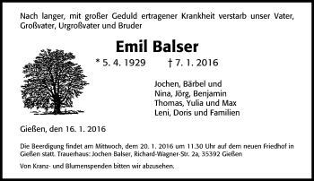 Traueranzeige von Emil Balser von  Gießener Anzeiger