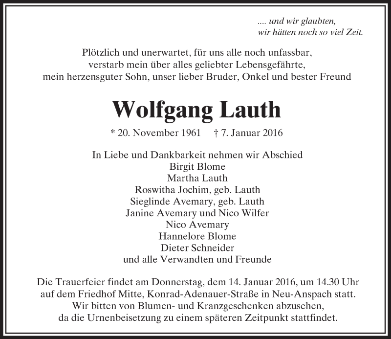  Traueranzeige für Wolfgang Lauth vom 11.01.2016 aus  Usinger Anzeiger