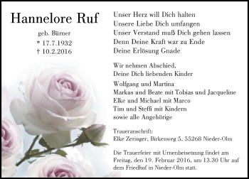 Traueranzeige von Hannelore Ruf von  Allgemeine Zeitung Mainz