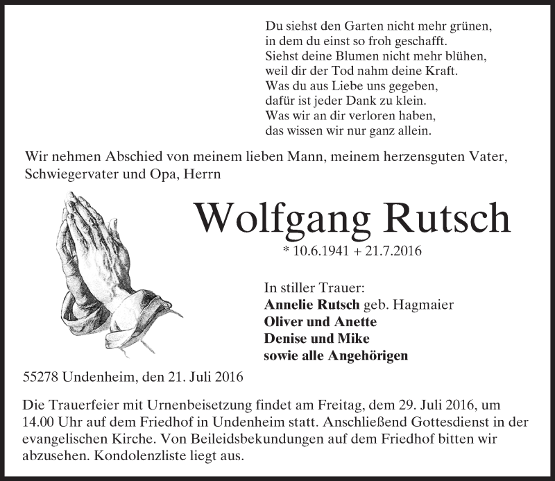  Traueranzeige für Wolfgang Rutsch vom 26.07.2016 aus Trauerportal Rhein Main Presse