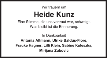 Traueranzeige von Heide Kunz von Trauerportal Rhein Main Presse