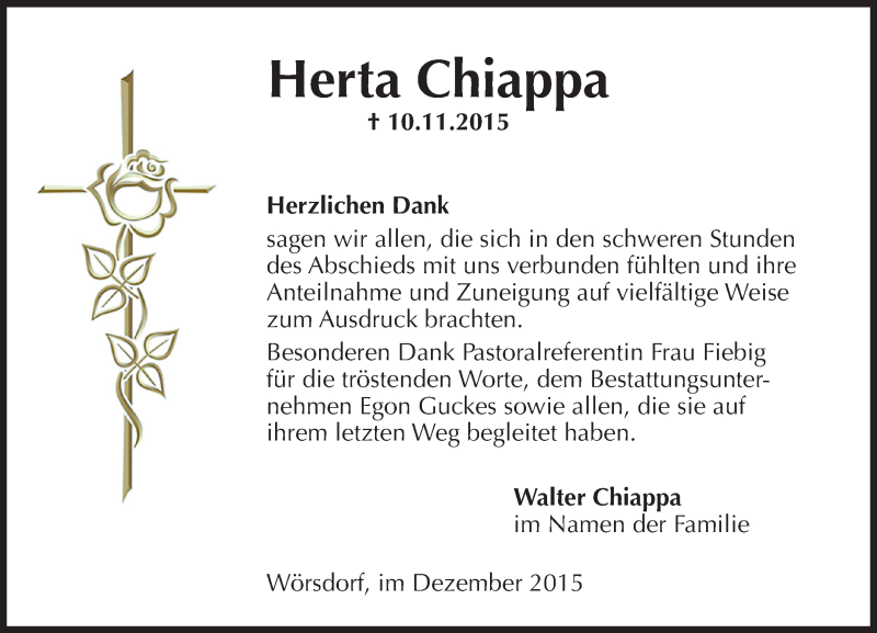  Traueranzeige für Herta Chiappa vom 12.12.2015 aus  Idsteiner Zeitung