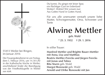 Traueranzeige von Alwine Mettler von  Allgemeine  Zeitung Ingelheim-Bingen