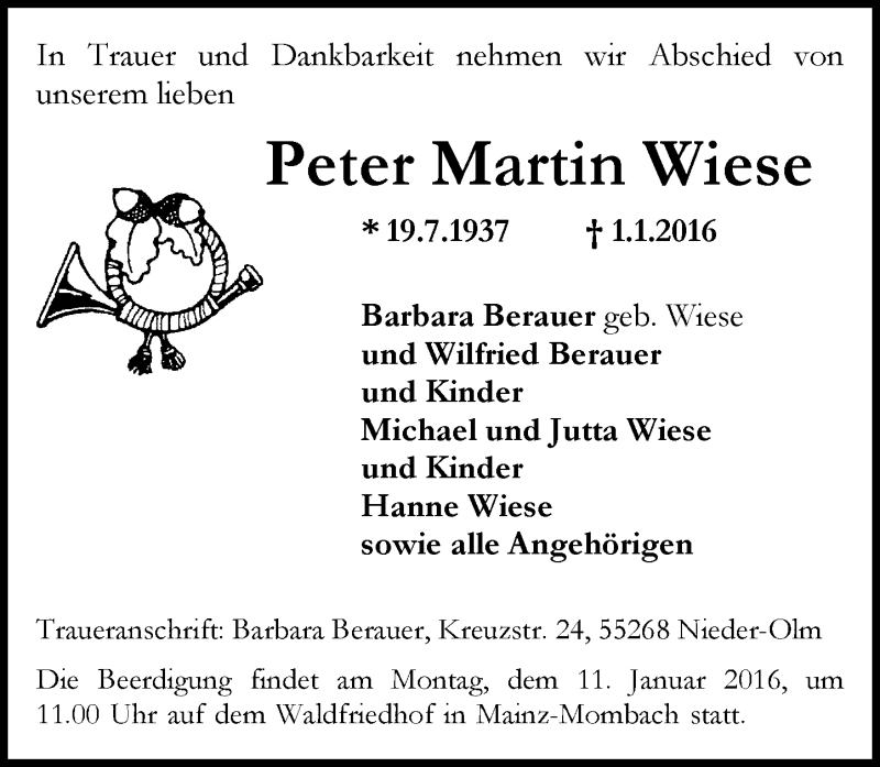  Traueranzeige für Peter Martin Wiese vom 09.01.2016 aus  Allgemeine Zeitung Mainz