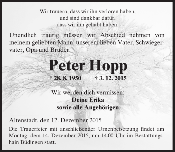 Traueranzeige von Peter Hopp von  Kreisanzeiger