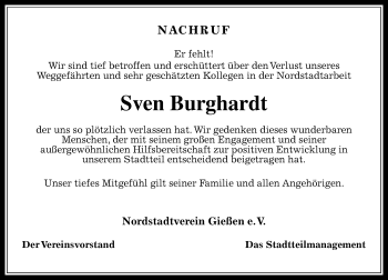 Traueranzeige von Sven Burghardt von  Gießener Anzeiger