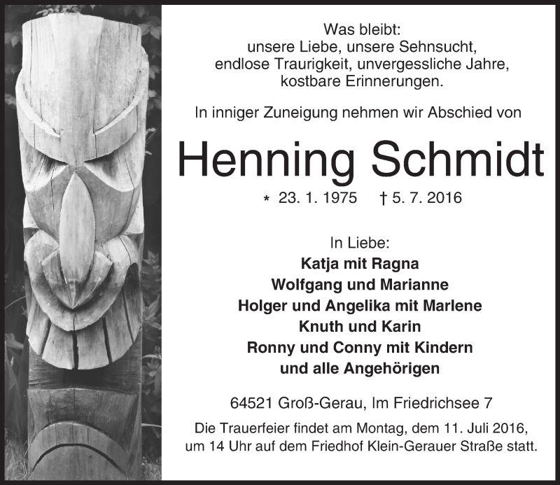  Traueranzeige für Henning Schmidt vom 07.07.2016 aus Trauerportal Echo Online