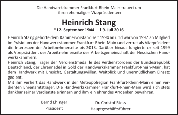 Traueranzeige von Heinrich Stang von Trauerportal Echo Online