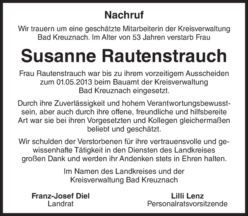  Traueranzeige für Susanne Rautenstrauch vom 18.02.2016 aus trauer.rmp.de