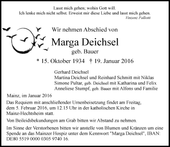 Traueranzeige von Marga Deichsel von  Allgemeine Zeitung Mainz