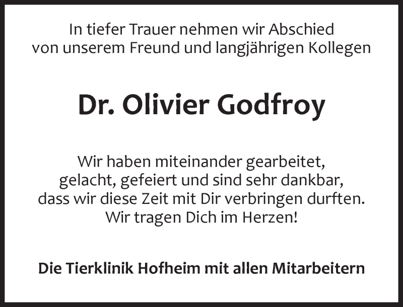  Traueranzeige für Olivier Godfroy vom 15.01.2016 aus  Hofheimer Zeitung