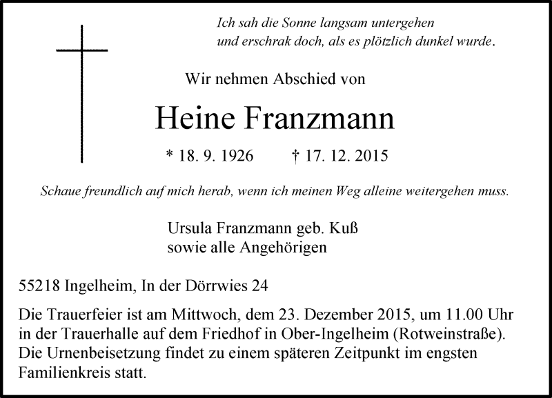  Traueranzeige für Heine Franzmann vom 21.12.2015 aus  Allgemeine  Zeitung Ingelheim-Bingen