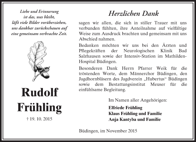  Traueranzeige für Rudolf Frühling vom 14.11.2015 aus  Sonntags Anzeiger