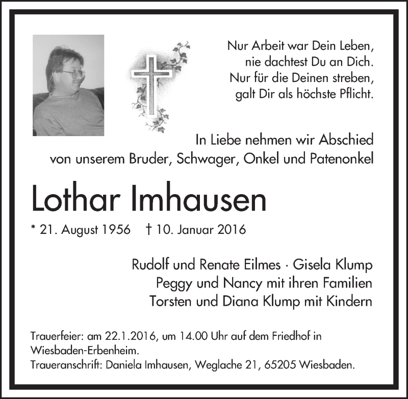  Traueranzeige für Lothar Imhausen vom 16.01.2016 aus  Wiesbaden komplett