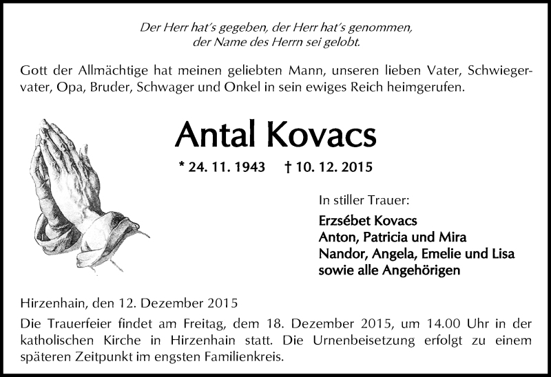  Traueranzeige für Antal Kovacs vom 12.12.2015 aus  Kreisanzeiger